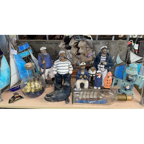 345 - SHELF OF NAUTICAL RELATED PANELS, SHIP IN A BOTTLE, SAILOR AND FISHERMAN FIGURES