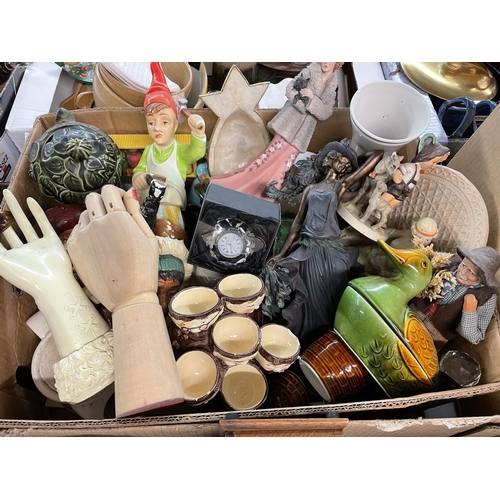 350 - TWO BOXES - MINIATURE DRESS DOLLS, AND VARIOUS CERAMIC FIGURES, CHALK HEADS