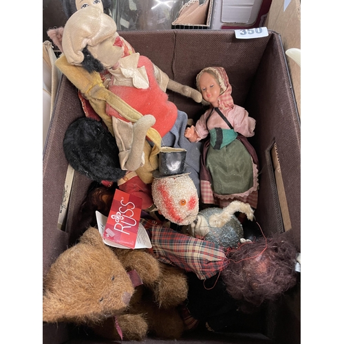 350 - TWO BOXES - MINIATURE DRESS DOLLS, AND VARIOUS CERAMIC FIGURES, CHALK HEADS