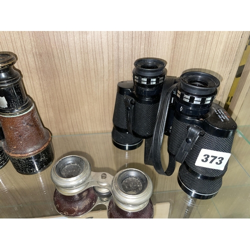 373 - SHELF OF PAIRS OF BINOCULARS INCLUDING MIRANDA WIDE ANGLE 8X40, HALINA 10X50, AND FIELD GLASSES