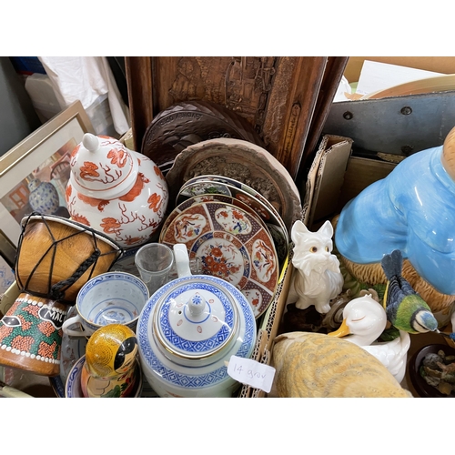 391 - TWO CARTONS CONTAINING TEVIOT DALE RESIN OWL AND BIRD FIGURES, RABBIT COOKIE JAR, WOODEN CARVED PLAQ... 