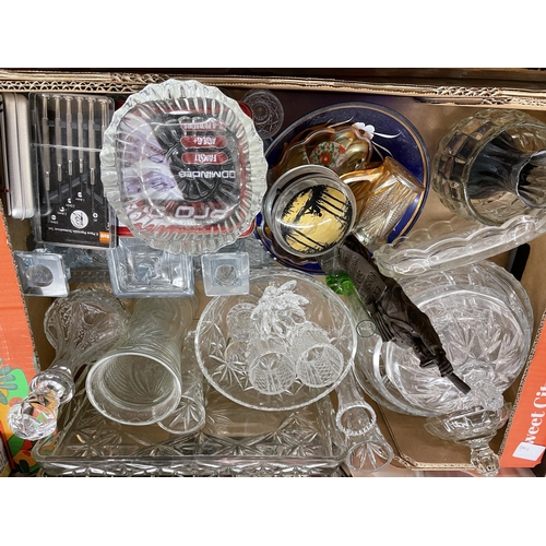 395 - BOX OF BLUE GLASS DRESSING TABLE SET, SUNDRY GLASSWARE AND A BOX CONTAINING BURGUNDY AND GILT TABLE ... 