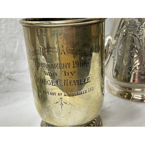 465 - ENGRAVED PLATED TEAPOT, PLATED PRESENTATION TANKARD AND ONE OTHER