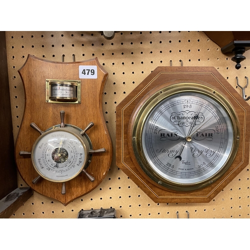 479 - SHIPS WHEEL BAROMETER ON SHIELD PLAQUE, SHIPS TYPE BAROMETER ON OCTAGONAL FRAME, WEST GERMAN BAROMET... 