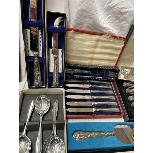 484 - BOXED STERLING SILVER HANDLED CAKE SLICE AND FORK, CHEESE KNIFE AND PRESERVE KNIFE SILVER HANDLED FR... 