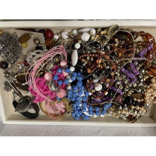 492 - TRAY OF MISCELLANEOUS COSTUME JEWELLERY, BEADS, WRIST WATCHES, SEQUIN BAG, ETC