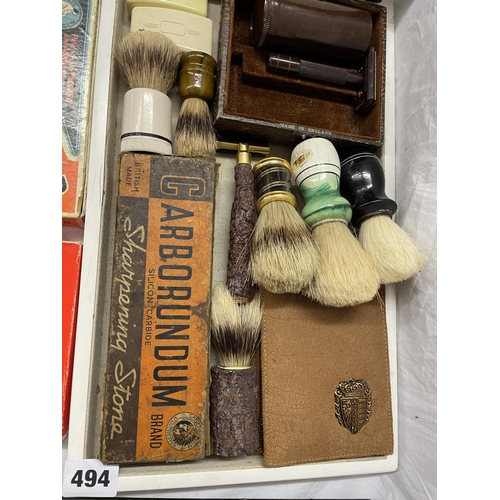 494 - TRAY OF VINTAGE SHAVING RELATED ITEMS INCLUDING BRUSHES, ROLLS RAZOR, MANNICURE SET, POCKET BINOCULA... 