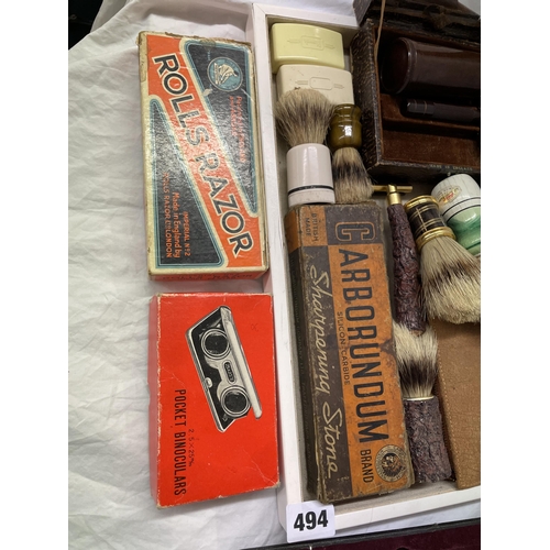 494 - TRAY OF VINTAGE SHAVING RELATED ITEMS INCLUDING BRUSHES, ROLLS RAZOR, MANNICURE SET, POCKET BINOCULA... 