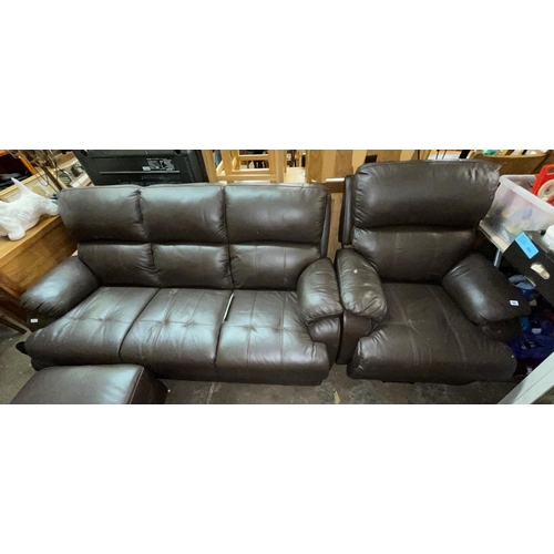 50 - BROWN LEATHER ELECTRIC RECLINING ARMCHAIR, TWO SEATER SOFA AND MATCHING STORAGE FOOTSTOOL