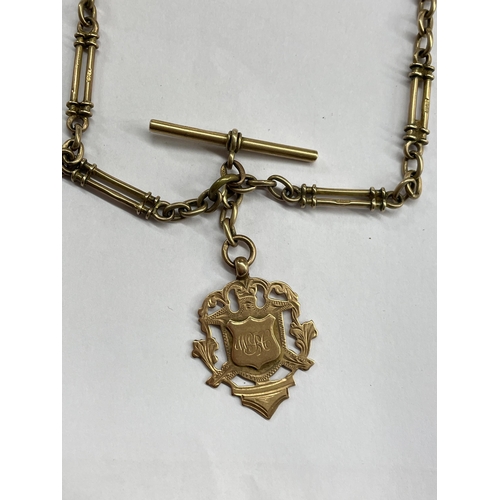 509 - 9CT GOLD LONG LINK ALBERT CHAIN WITH TBAR AND MEDALLION FOB AND A SNAP SWIVEL FASTENER 32.6G OVERALL... 