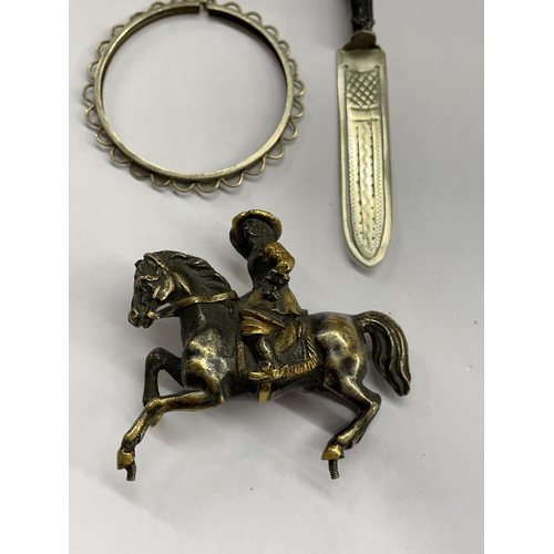 514 - WHITBY JET HANDLED PLATED BOOKMARK, BONE BACKED CIGAR CUTTER, METALWARE CAVALIER ON HORSE BACK