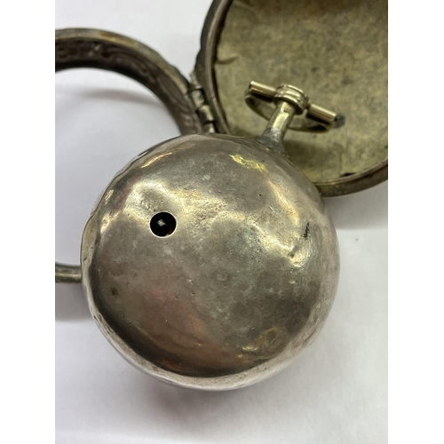 518 - ANTIQUE WHITE METAL REPOUSSE CASED VERGE POCKET WATCH