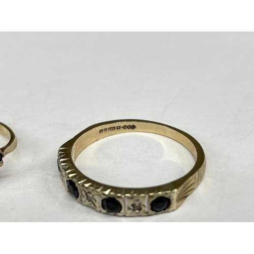 529 - 9CT GOLD SAPPHIRE HERRING BONE RING AND 9CT GOLD SAPPHIRE AND CHIP SET RING SIZE N - 3.2G OVERALL AP... 