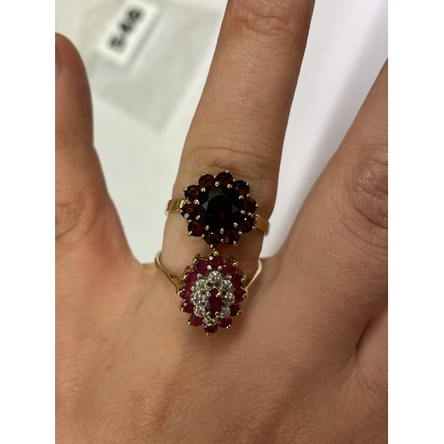 546 - 9CT GOLD RUBY MARQUISE CLUSTER CZ RING 2.2G APPROX AND AN UNMARKED YELLOW METAL GARNET CLUSTER RING