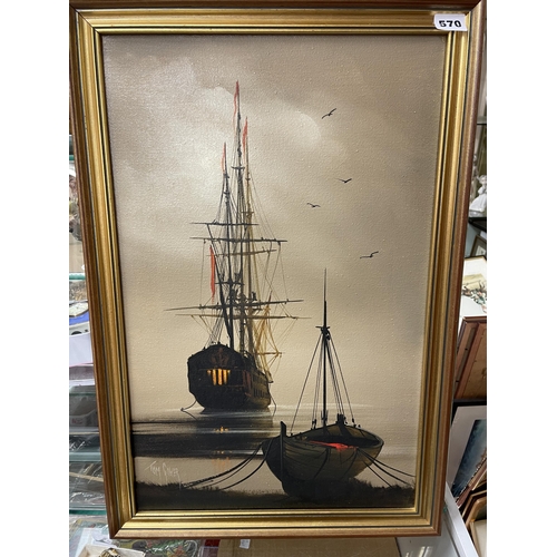 570 - TWO OIL ON CANVAS OF SHIPS AT SEA BY TOM GOWER  ONE SIGNED?