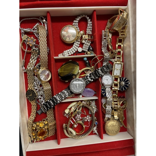 490 - JEWELLERY BOX CONTAINING SEVERAL DRESS WATCHES, BEADS, AND BROOCHES, ETC