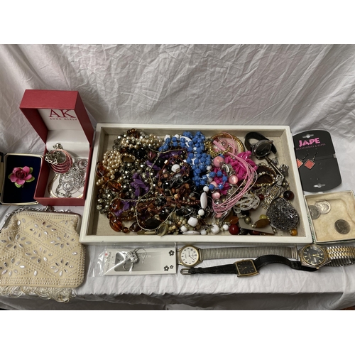 492 - TRAY OF MISCELLANEOUS COSTUME JEWELLERY, BEADS, WRIST WATCHES, SEQUIN BAG, ETC