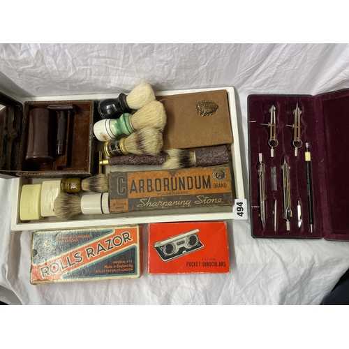 494 - TRAY OF VINTAGE SHAVING RELATED ITEMS INCLUDING BRUSHES, ROLLS RAZOR, MANNICURE SET, POCKET BINOCULA... 