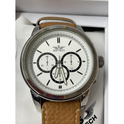 495 - BOXED SOFTECH CHRONOGRAPH WRIST WATCH ON LEATHER STRAP