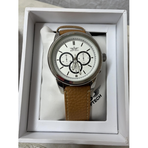 495 - BOXED SOFTECH CHRONOGRAPH WRIST WATCH ON LEATHER STRAP