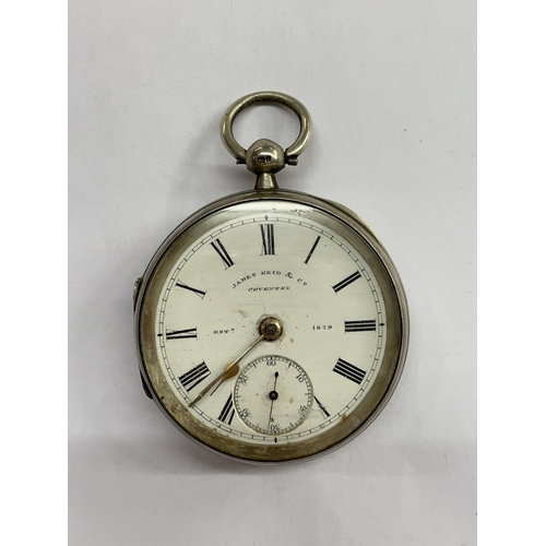 497 - BIRMINGHAM SILVER CASED POCKET WATCH ENAMEL DIAL JAMES REID AND CO COVENTRY