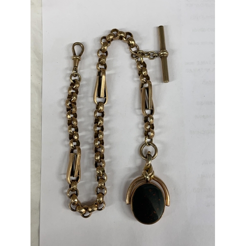 505 - 10CT ROSE GOLD BELCHER LINK ALBERT CHAIN WITH T BAR AND BLOOD STONE AND CORNELIAN SWIVEL FOB 50G APP... 