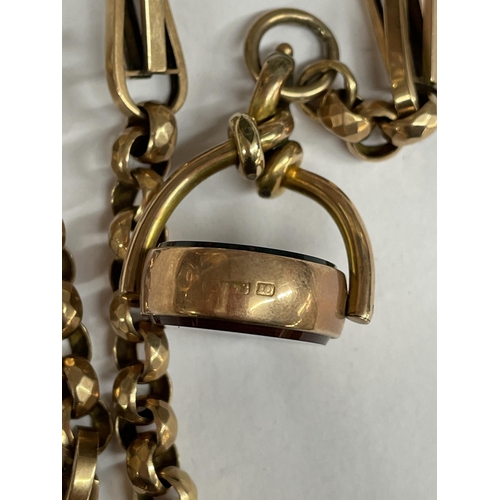 505 - 10CT ROSE GOLD BELCHER LINK ALBERT CHAIN WITH T BAR AND BLOOD STONE AND CORNELIAN SWIVEL FOB 50G APP... 