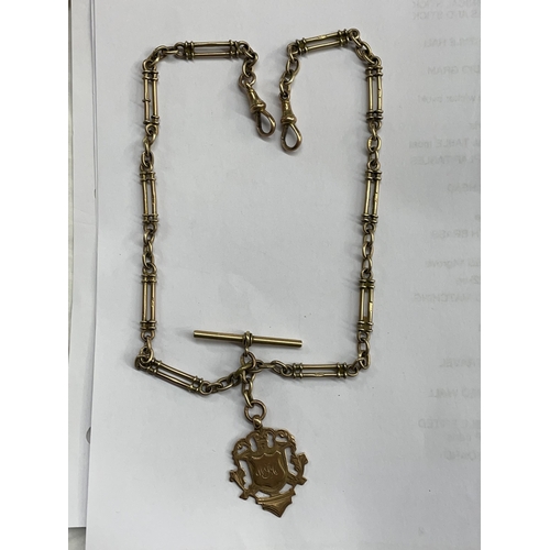 509 - 9CT GOLD LONG LINK ALBERT CHAIN WITH TBAR AND MEDALLION FOB AND A SNAP SWIVEL FASTENER 32.6G OVERALL... 