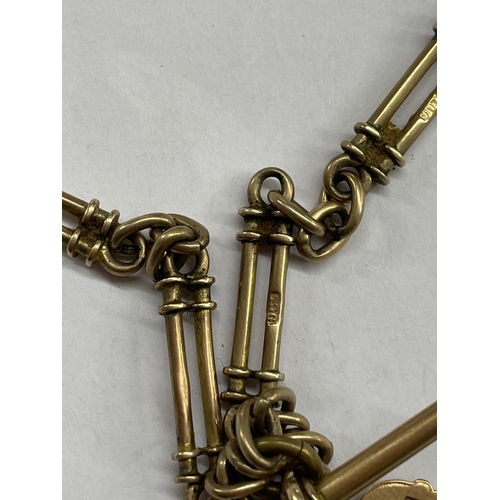 509 - 9CT GOLD LONG LINK ALBERT CHAIN WITH TBAR AND MEDALLION FOB AND A SNAP SWIVEL FASTENER 32.6G OVERALL... 