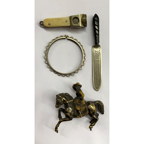 514 - WHITBY JET HANDLED PLATED BOOKMARK, BONE BACKED CIGAR CUTTER, METALWARE CAVALIER ON HORSE BACK