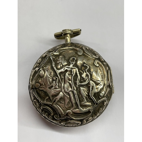 518 - ANTIQUE WHITE METAL REPOUSSE CASED VERGE POCKET WATCH