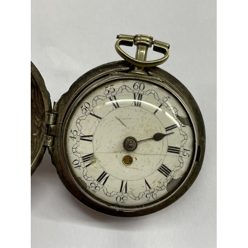 518 - ANTIQUE WHITE METAL REPOUSSE CASED VERGE POCKET WATCH