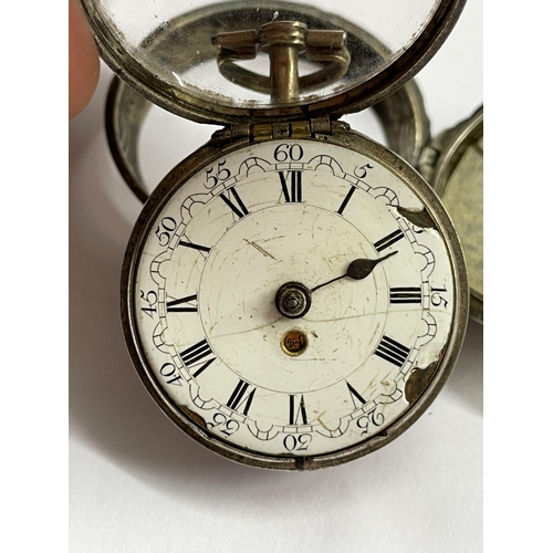 518 - ANTIQUE WHITE METAL REPOUSSE CASED VERGE POCKET WATCH