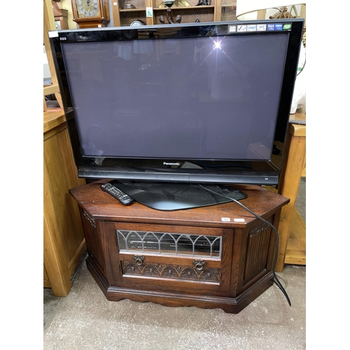 52 - OLD CHARM LINENFOLD GLAZED MEDIA UNIT WITH A PANASONIC VIERA TV AND PANASONIC DVD PLAYER