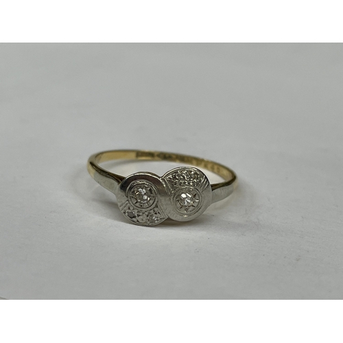 522 - 18CT GOLD PLAT DECO STYLE DIAMOND CHIP CROSSOVER SWIRL RING SIZE O - 2.3G APPROX