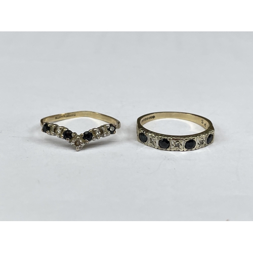 529 - 9CT GOLD SAPPHIRE HERRING BONE RING AND 9CT GOLD SAPPHIRE AND CHIP SET RING SIZE N - 3.2G OVERALL AP... 