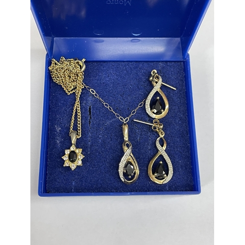 531 - PAIR OF SAPPHIRE PEAR DROP EARRINGS AND MATCHING PENDANT, AND A PLATED PENDANT ON CHAIN