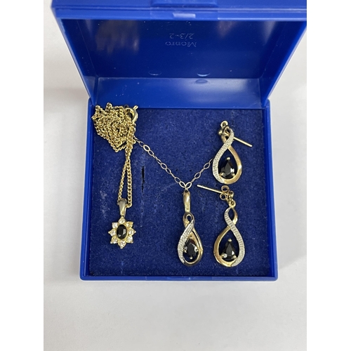 531 - PAIR OF SAPPHIRE PEAR DROP EARRINGS AND MATCHING PENDANT, AND A PLATED PENDANT ON CHAIN