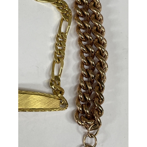 550 - ROSE GOLD METAL UNMARKED ALBERT CHAIN WITH T BAR AND A USA FLAT CURB LINK ID BRACELET