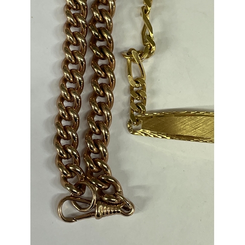 550 - ROSE GOLD METAL UNMARKED ALBERT CHAIN WITH T BAR AND A USA FLAT CURB LINK ID BRACELET