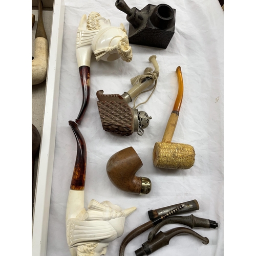 574 - SELECTION OF SMOKING PIPES INCLUDING MEERSCHAUM EXAMPLES WITH CARVED ARABIAN BOWLS