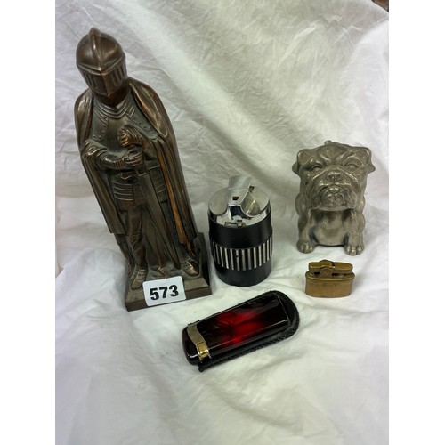 573 - SELECTION OF CIGARETTE LIGHTERS INCLUDING NOVELTY KNIGHT AND BULL DOG EXAMPLES