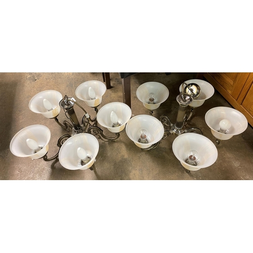 112 - PAIR OF FIVE BRANCH GLASS SHADE CEILING LIGHTS AND TWO WALL LIGHTS