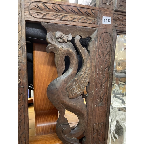 118 - LATE VICTORIAN CARVED OAK MIRRORED HALL STAND AND THREE UPHOLSTERED CHAIRS