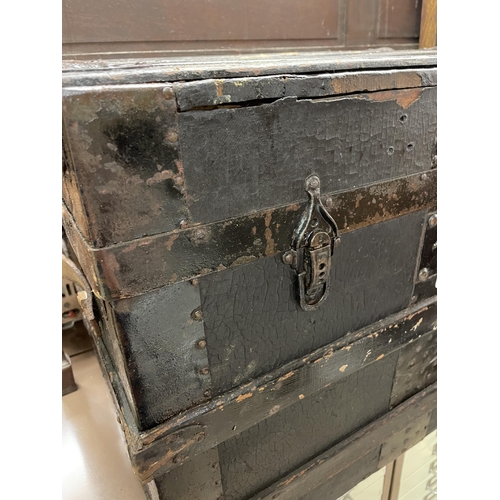 120 - METAL BANDED CABIN BOX WITH LEATHER HANDLES