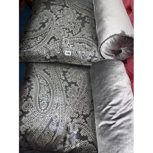 195 - PAIR OF BLACK AND SILVER SCATTER CUSHIONS, VELOUR CUSHION WITH LEOPARD PRINT, AND OTHERS