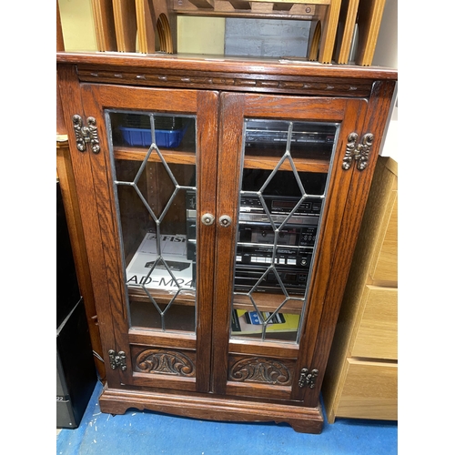 210 - OLD CHARM LEAD GLAZED HI-FI CABINET CONTAINING FISHER HI-FI SYSTEM WITH SPEAKERS