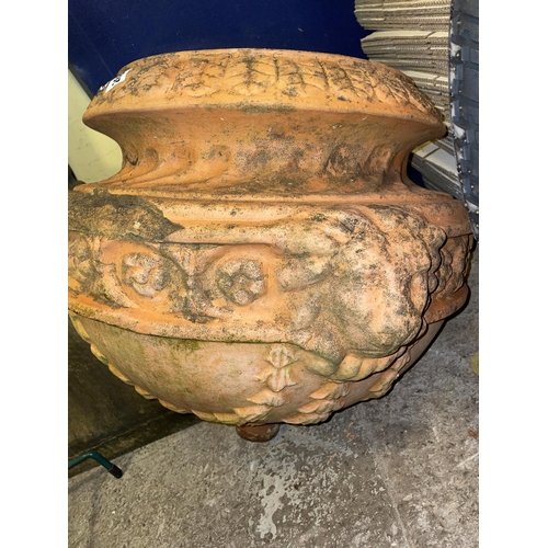 268 - LARGE TERRACOTTA GARDEN URN WITH LION MASK DECORATION