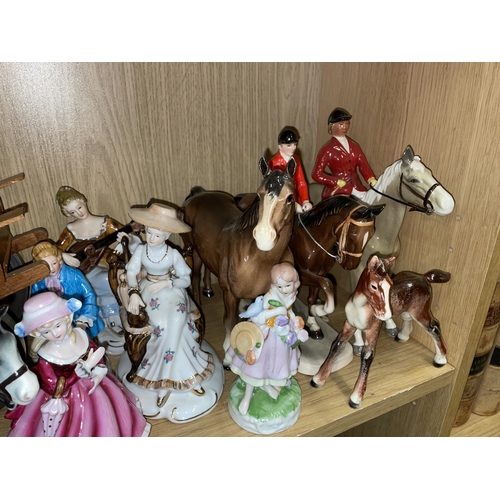 301 - SHELF OF SHIRE HORSE AND CART FIGURE GROUPS, EQUESTRIAN HUNT FIGURE GROUPS A/F