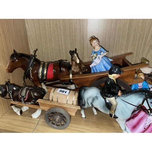 301 - SHELF OF SHIRE HORSE AND CART FIGURE GROUPS, EQUESTRIAN HUNT FIGURE GROUPS A/F